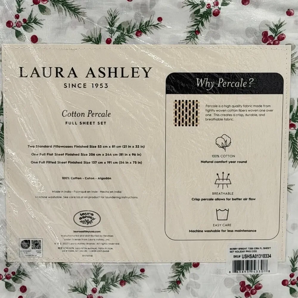 Laura Ashley Berry Bright Holly Berries Christmas Holiday 4pc FULL Sheet Set NEW